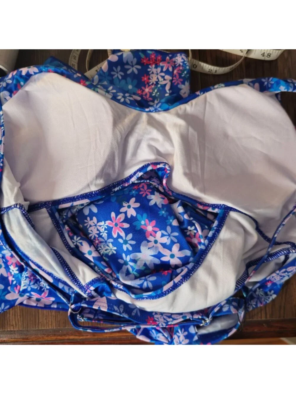 Plus Size Floral Cutout One Piece Swim Dress 2XL Blue Crisscross Straps Lined